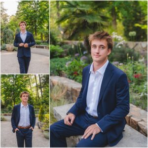 Holly Springs High School senior wearing a navy suit at Duke Gardens