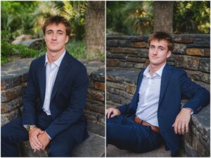 Holly Springs High School senior wearing a navy suit at Duke Gardens