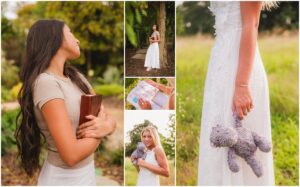senior girl with meaningful items like a bible or stuffed animal