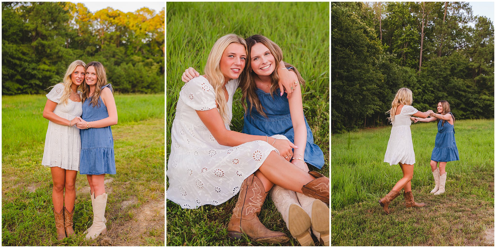 Senior girls laughing twirling and sitting togther in open field