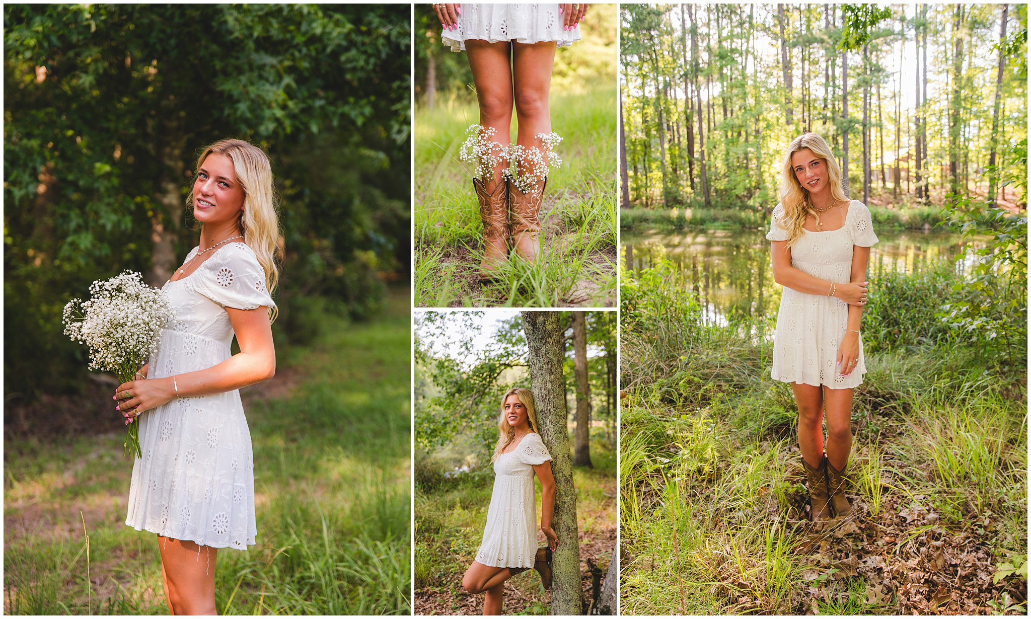 Senior girl in white dress with flowers in her cowboy boots