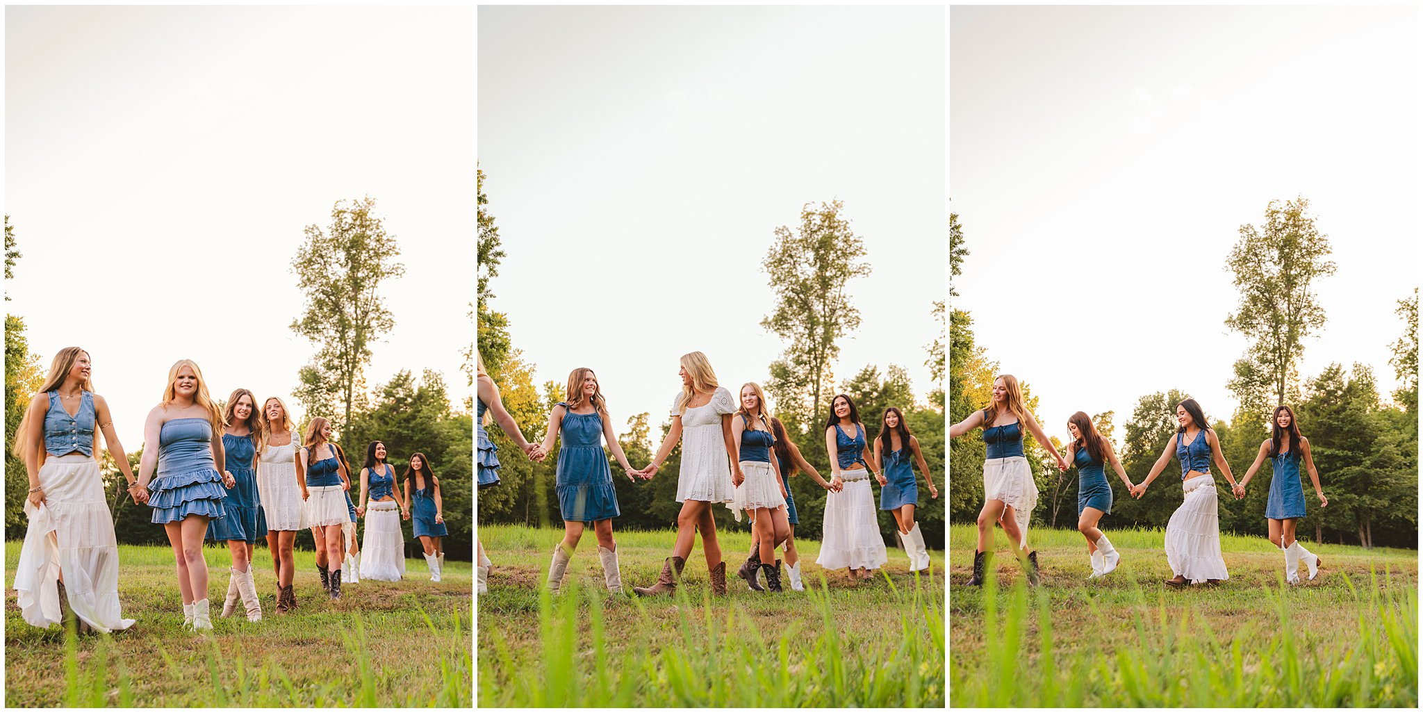 Senior girls walking together in a sunlit field