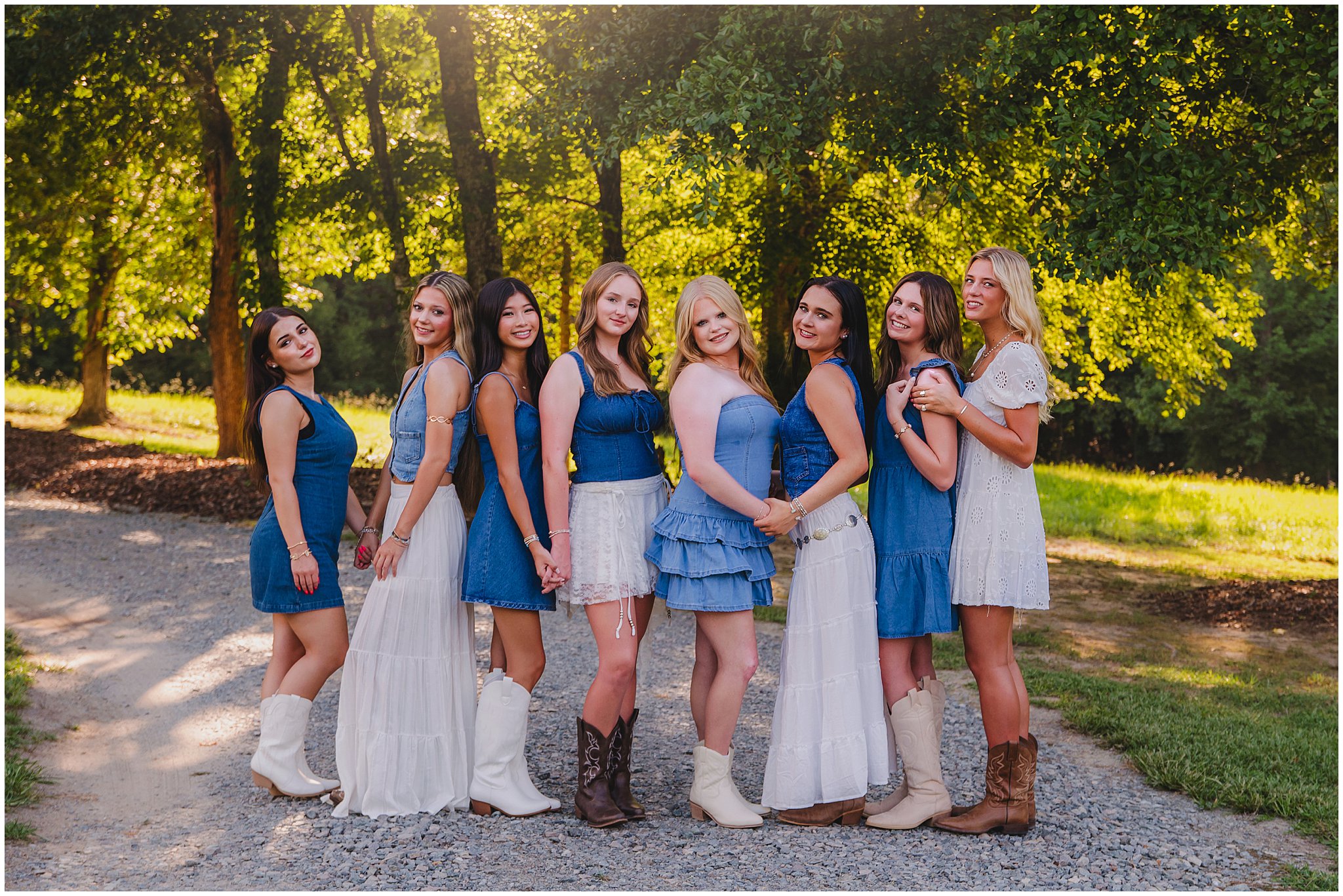 Senior girls wearing denim, white and western boots in New Hill