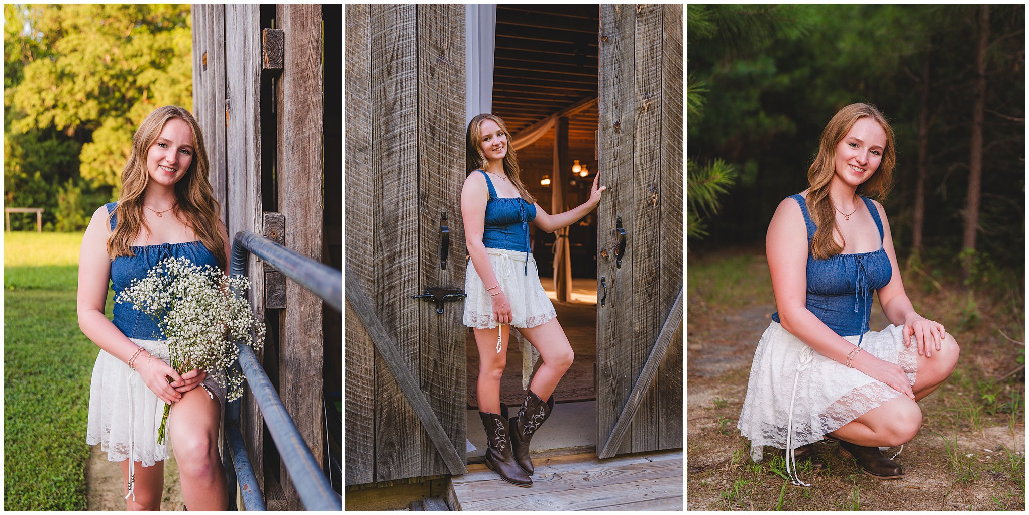 Senior girl posing in denim against a rustic country backdrop