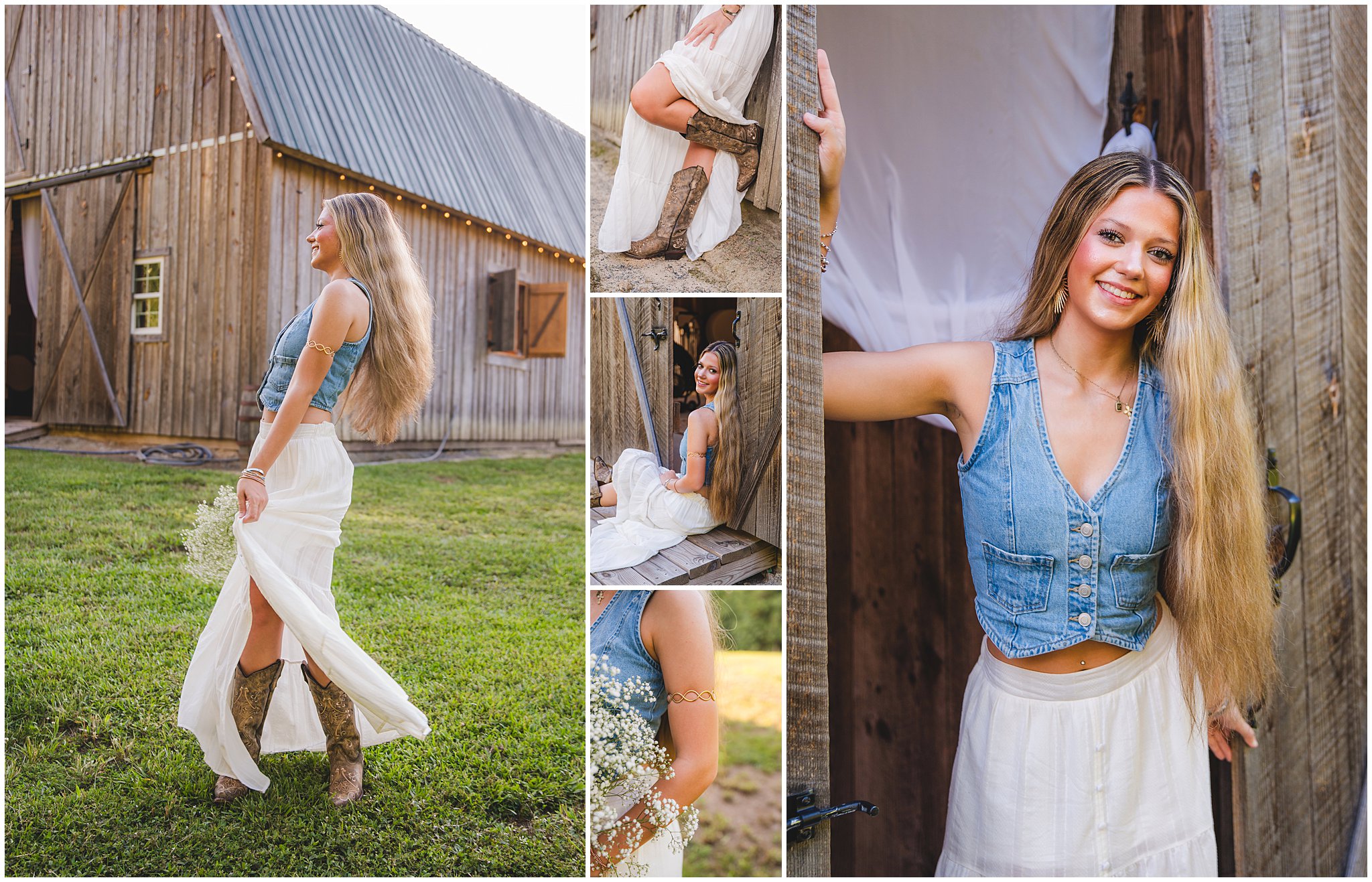 Senior girl posing in denim against a rustic country backdrop