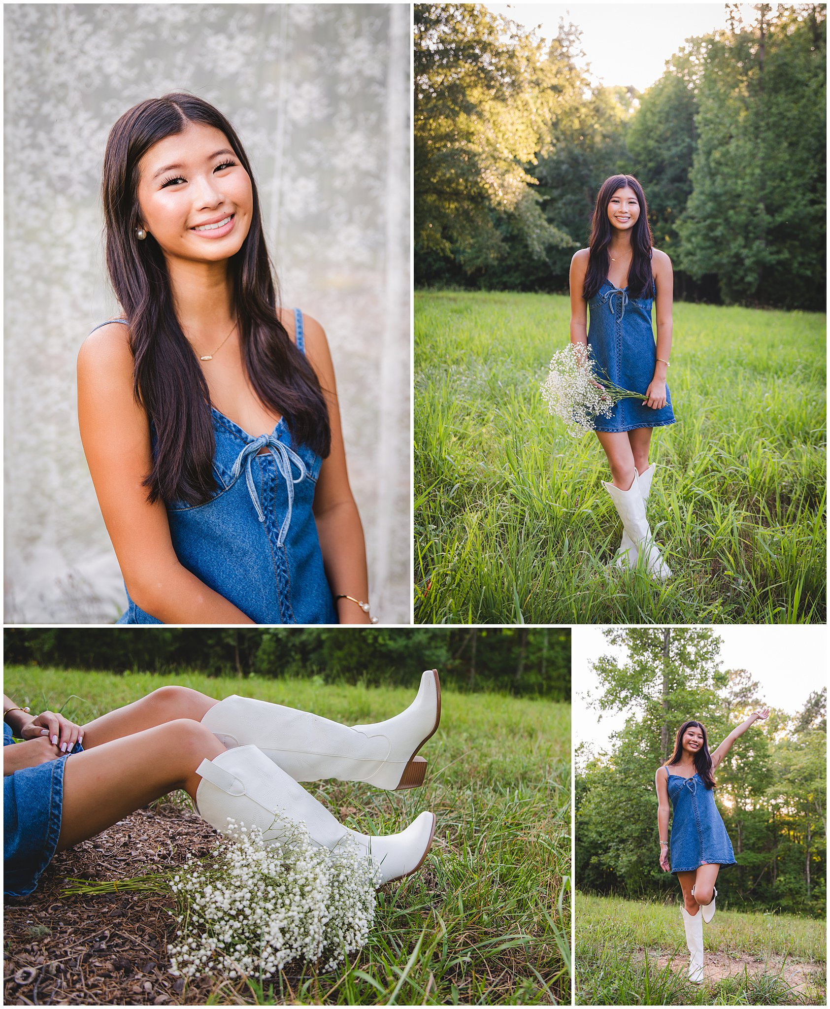 Senior girl posing in denim against a lace backdrop
