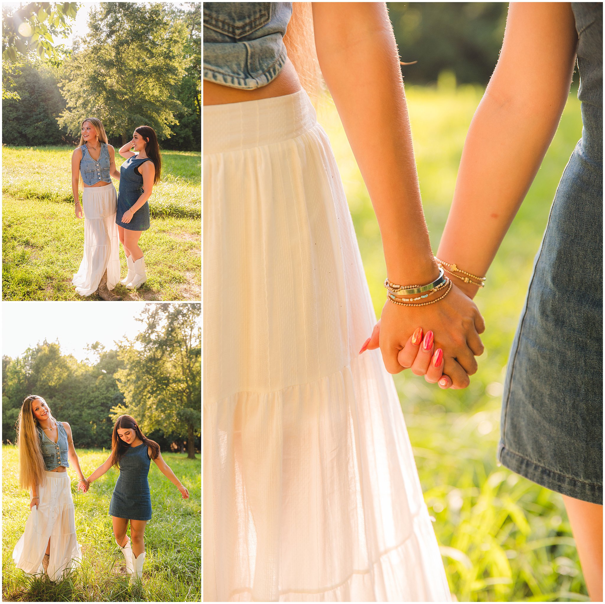Senior girls in denim and white in the sun lit field