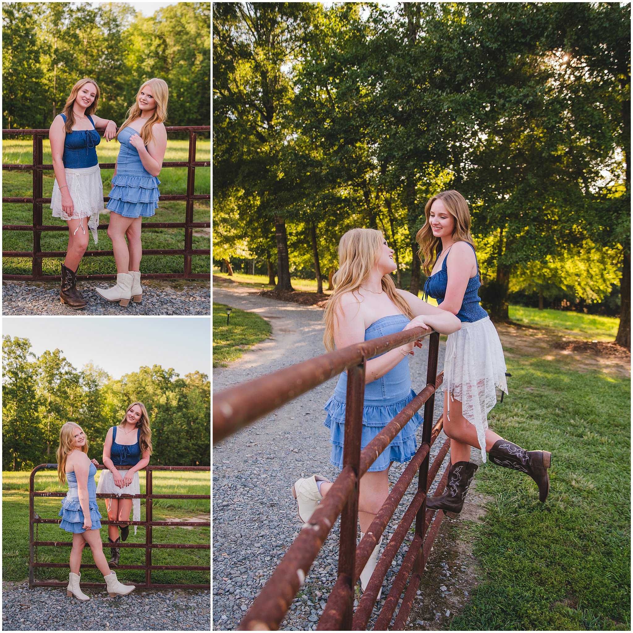 Senior girls posing in denim against a rustic country fence
